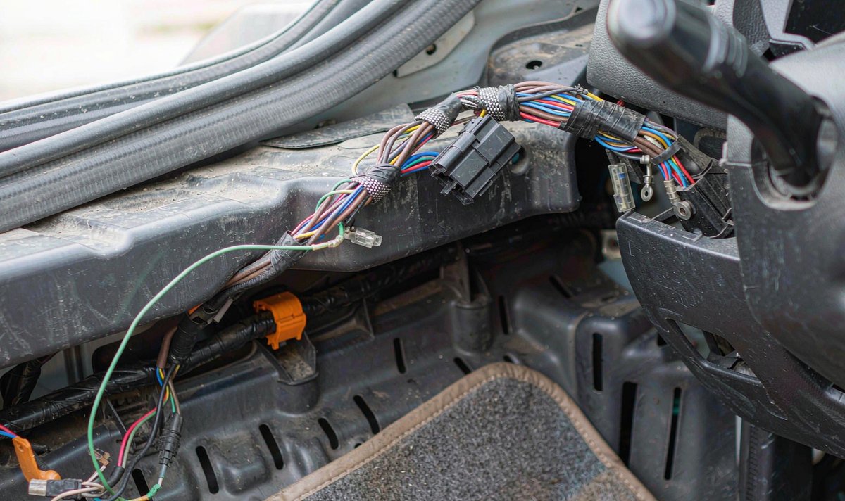 Under-dash view of a car stereo wiring harness with the light green parking brake lead traced toward the handbrake switch