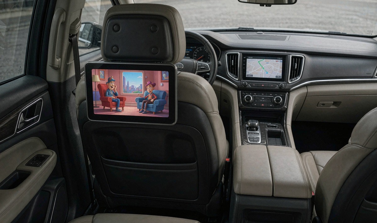Headrest screen playing a video for rear seat passengers while the front Android car stereo shows a navigation map