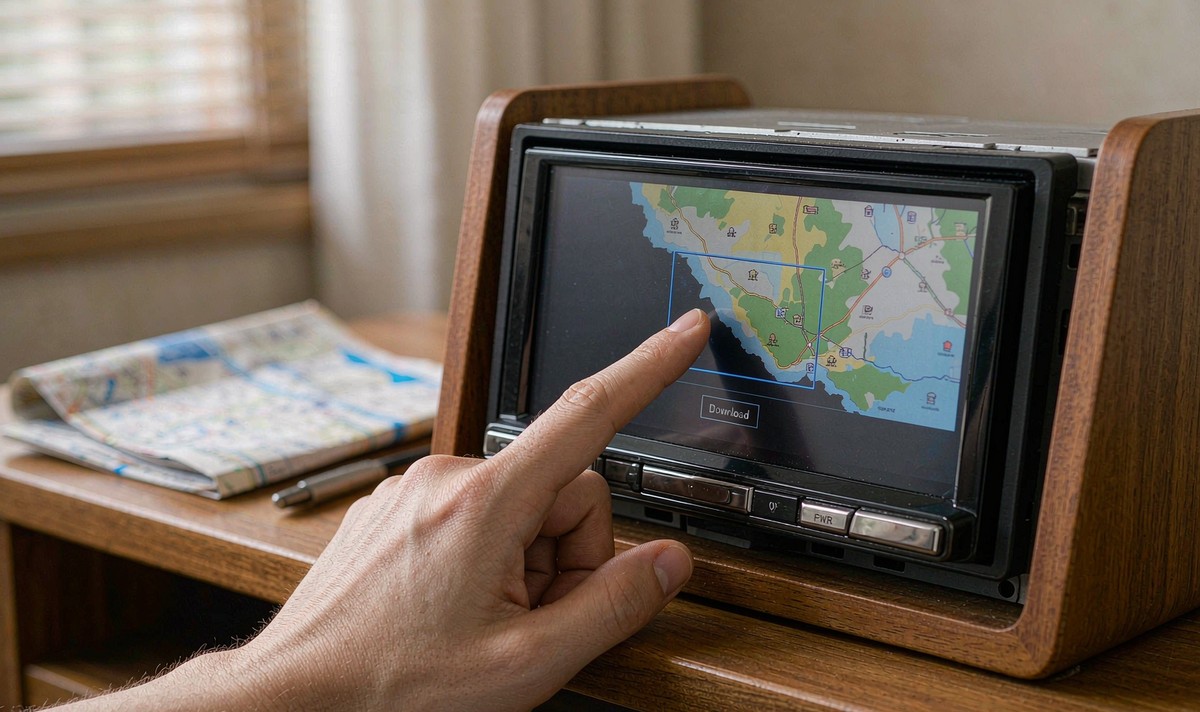 Hand pointing at a head unit map screen with a rectangular area selected for download beside a printed paper road map