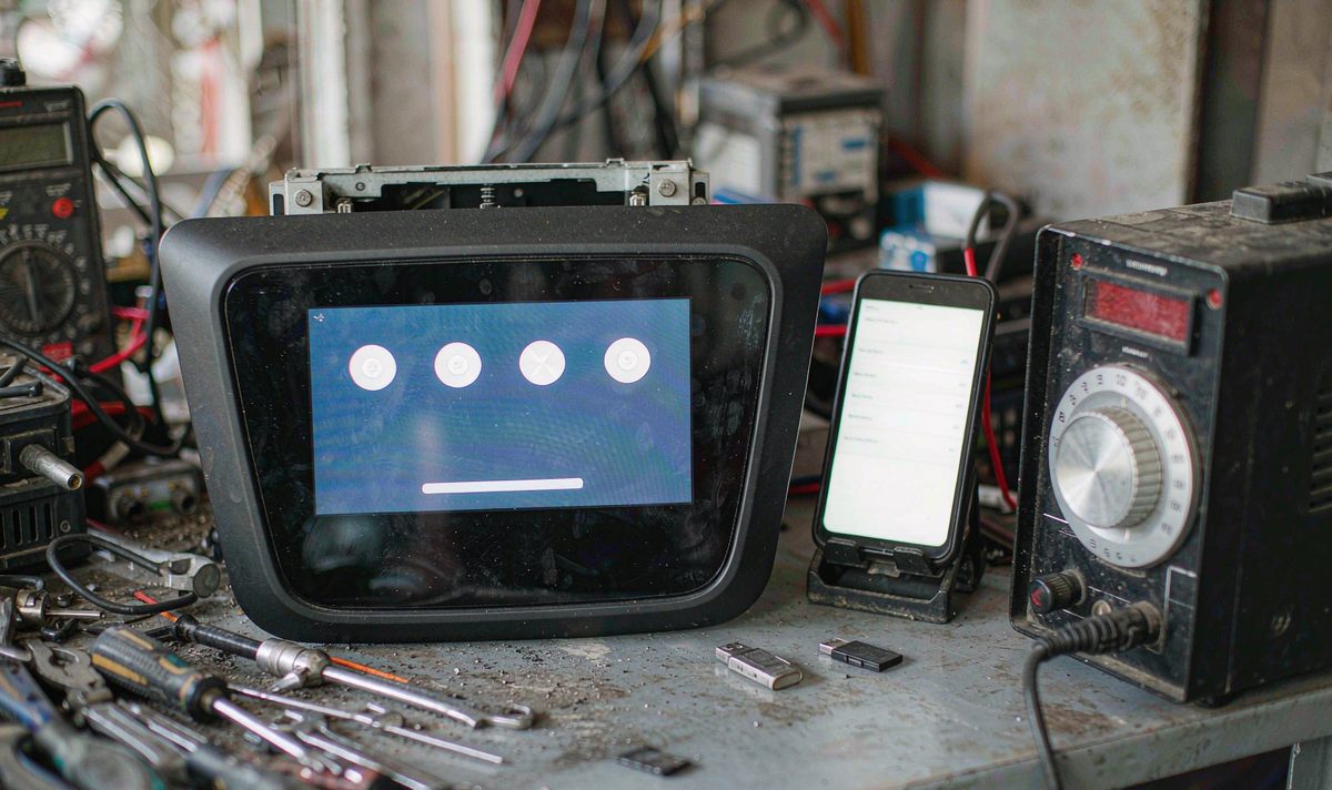 Trip route history android head unit aftermarket dash kit, retain original factory features, shown on a workbench next to a phone and a memory card