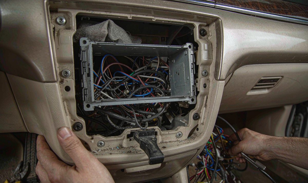Wiring behind the fascia dash kit android head unit aftermarket, retain original factory features, harness cables and foam packed behind a car stereo mounting cage