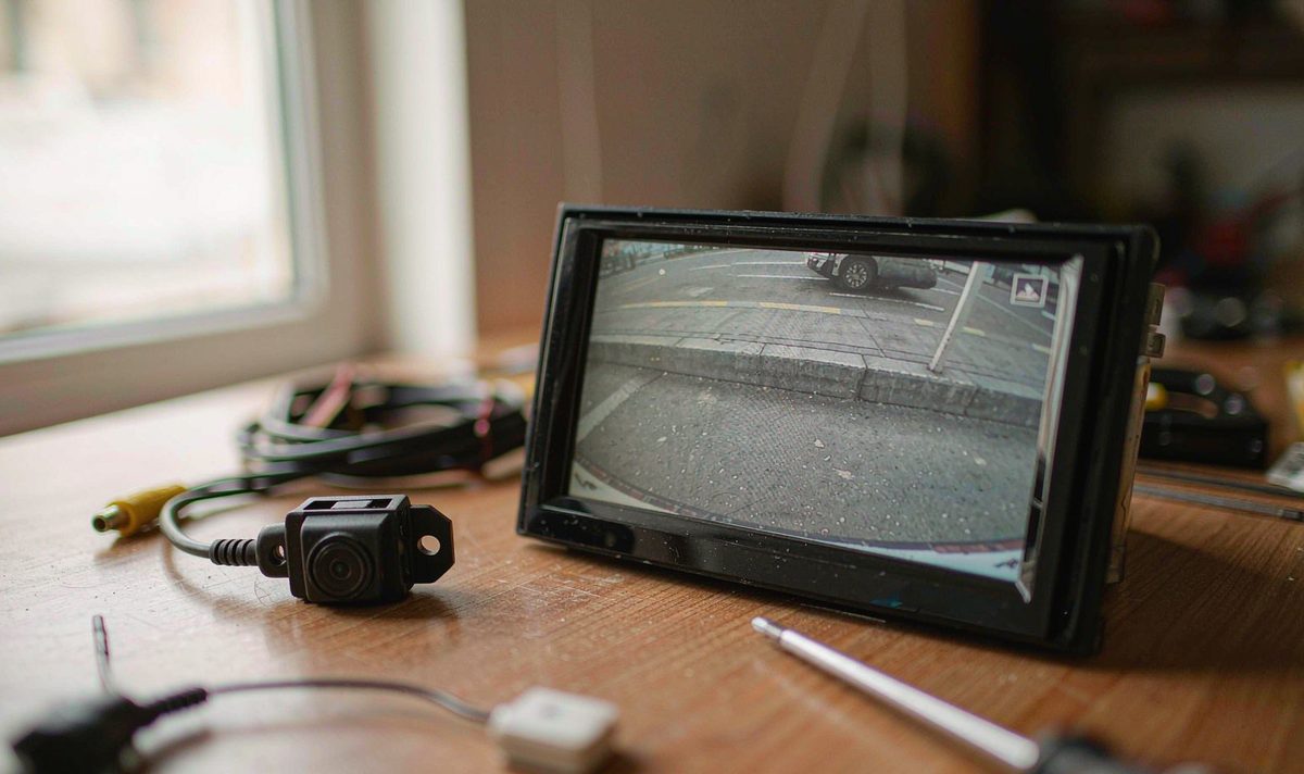 Reversing camera and screen bench setup android head unit aftermarket dash kit, retain original factory features, a camera on a lead beside a screen showing a rear view