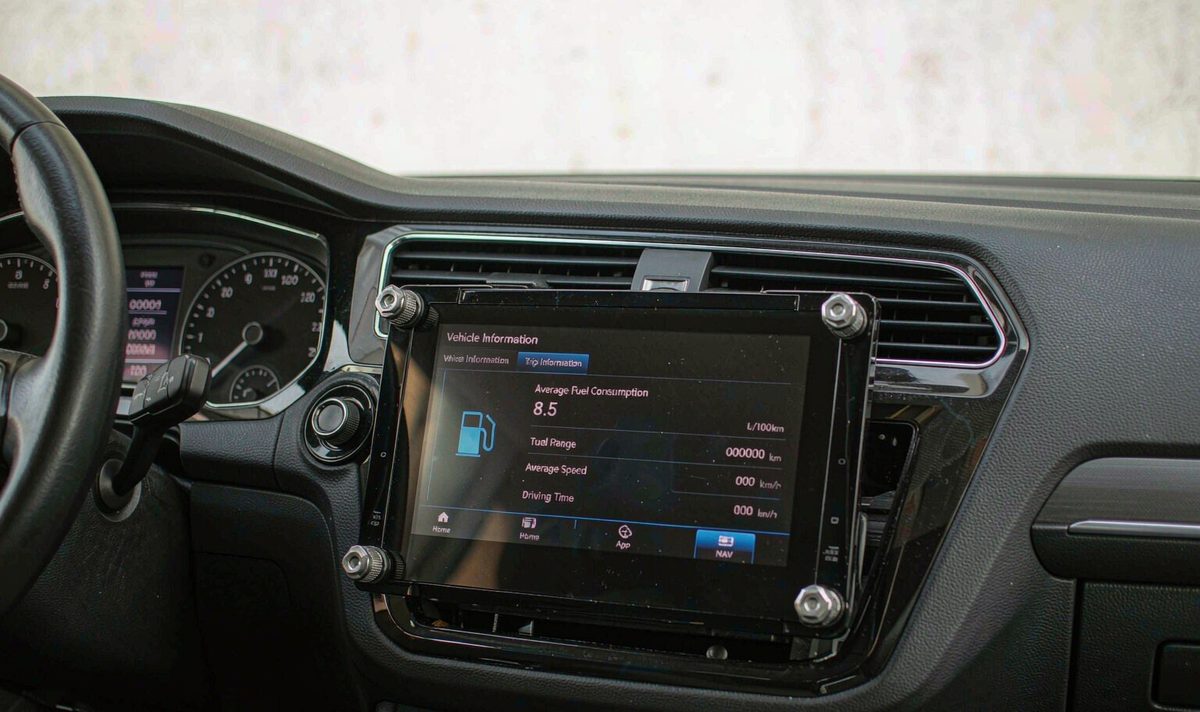 Car screen android head unit showing a vehicle info page with a fuel consumption figure, fitted in the dashboard beside the factory instrument cluster