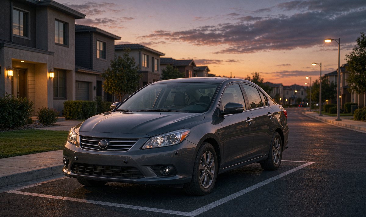 Car parked on a residential street at dusk with a 360 camera kit watching all four sides, the car screen and head unit dark