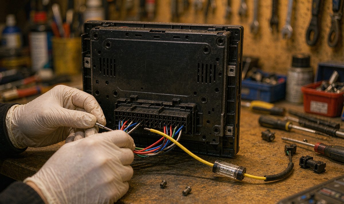 Back of an aftermarket car stereo head unit on a bench with its connector block and a yellow constant power wire with an inline fuse, android head unit wiring harness memory feed