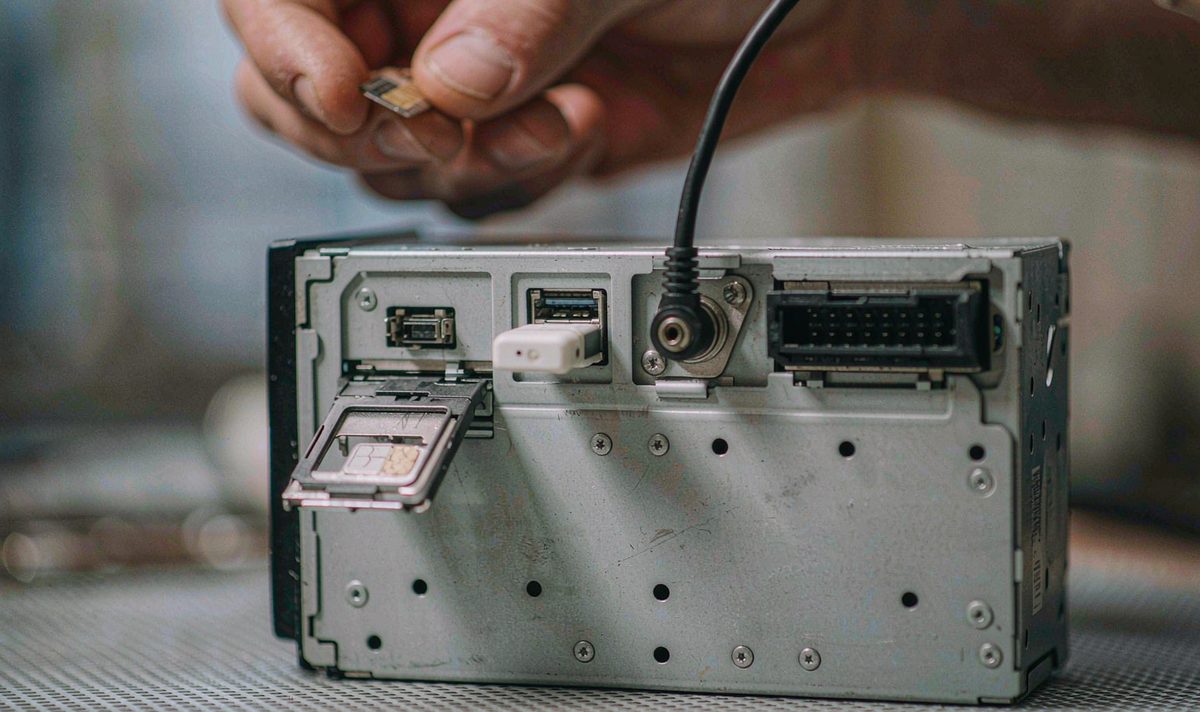 Rear panel of an aftermarket android head unit with a SIM card tray, USB dongle, antenna jack and wiring harness plug, the connections that decide where data can go