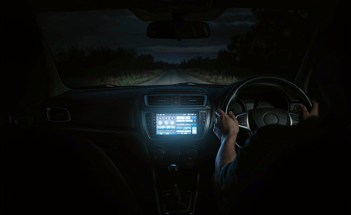 Aftermarket car screen glowing bright in a dark cabin while the driver holds the wheel on an unlit road