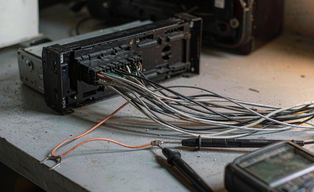 Back of an aftermarket car stereo head unit on a bench with the orange illumination wire probed by a multimeter